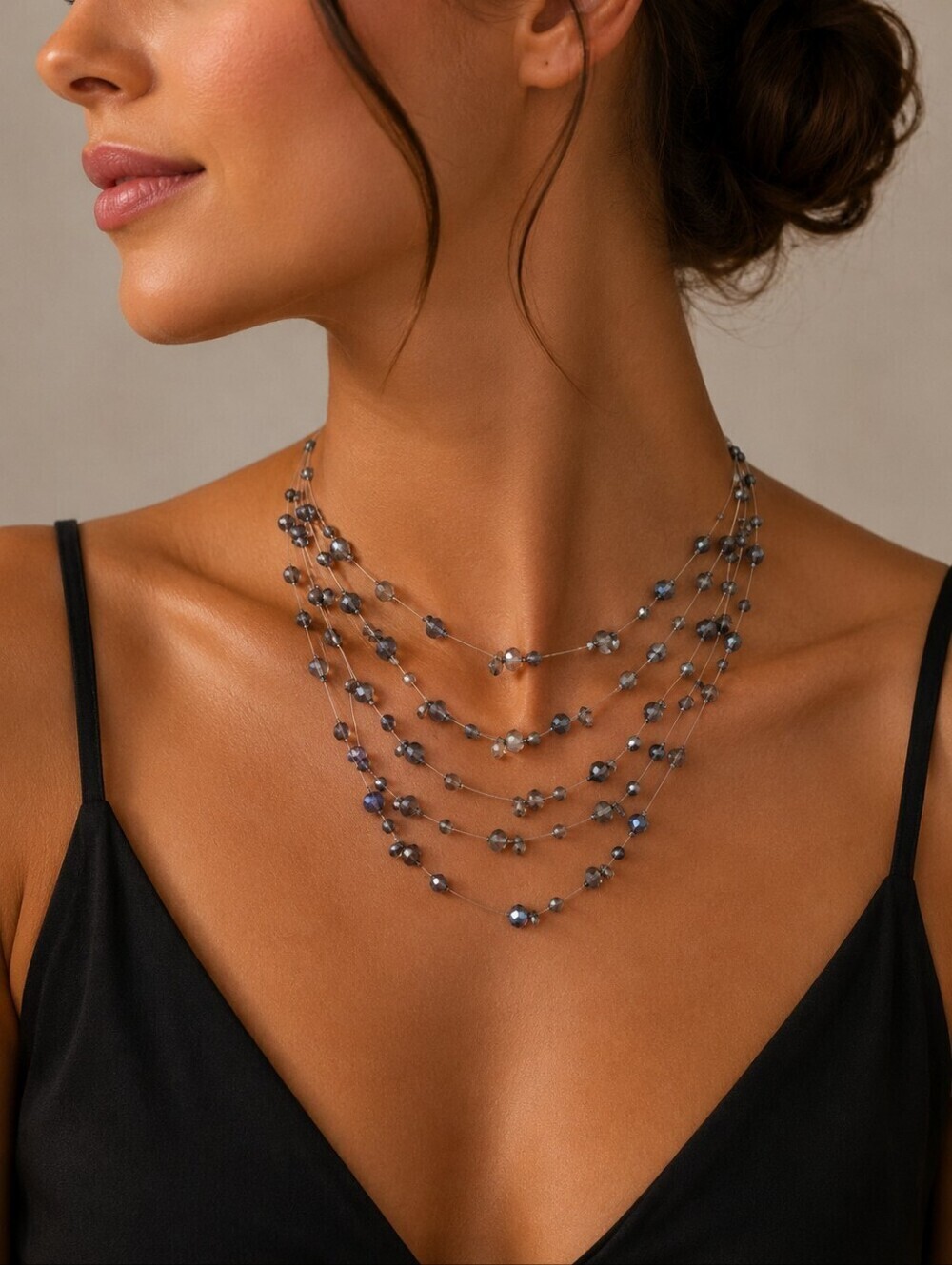 5/$25 Y2k Gray Blue Floating Illusion Acrylic Beaded Layered Necklace
